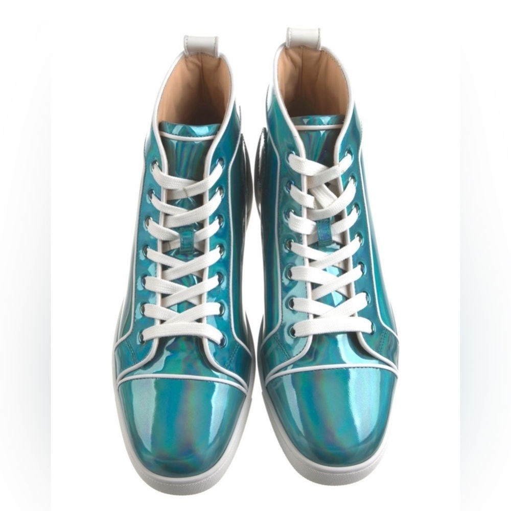 $995 CHRISTIAN LOUBOUTIN Patent Leather Blue Psychic Fun Hi Top Sneakers 41 EU 8